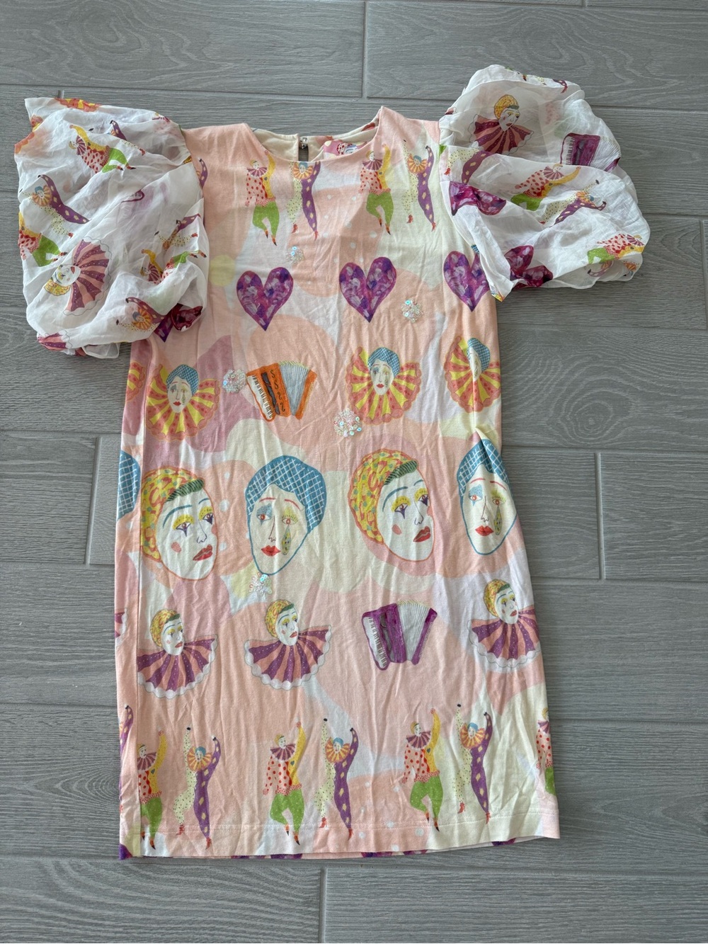 UNLOGICAL POEM RARE Jersey Knit Puff Chiffon Sleeve Clown Accordion Circus Dress